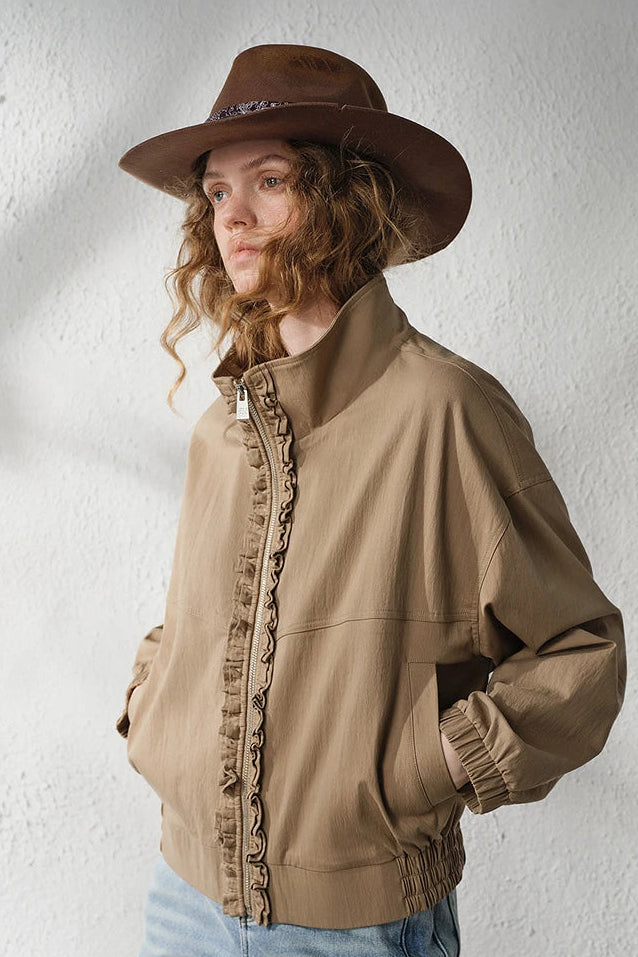 La Veste Workwear Vintage Chic à Col Montant & Volants