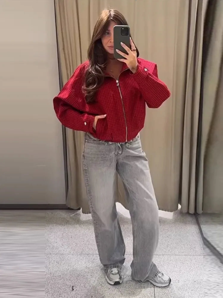 Veste Courte à Carreaux Zippée