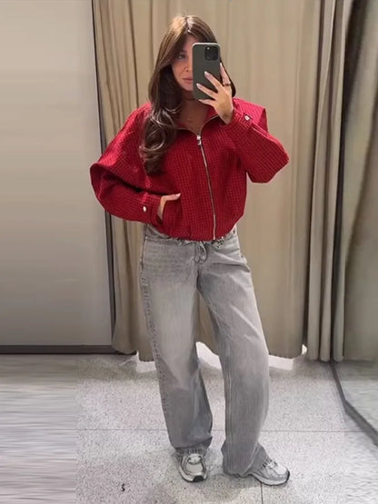 Veste Courte à Carreaux Zippée