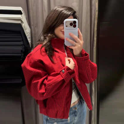 Veste Courte à Carreaux Zippée