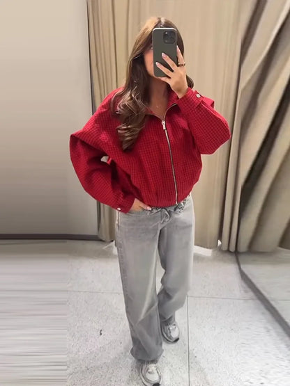 Veste Courte à Carreaux Zippée