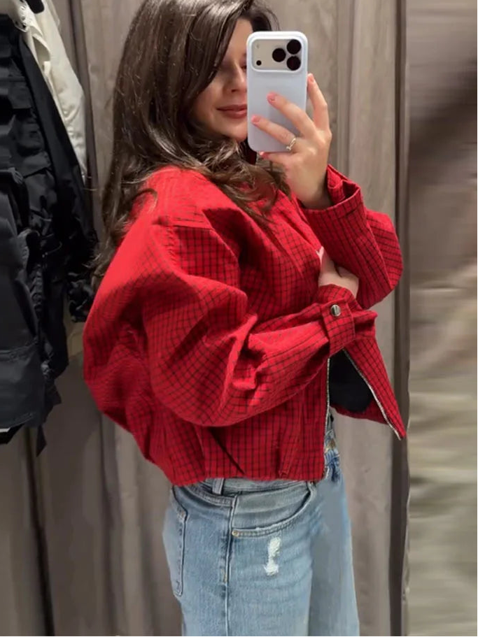 Veste Courte à Carreaux Zippée