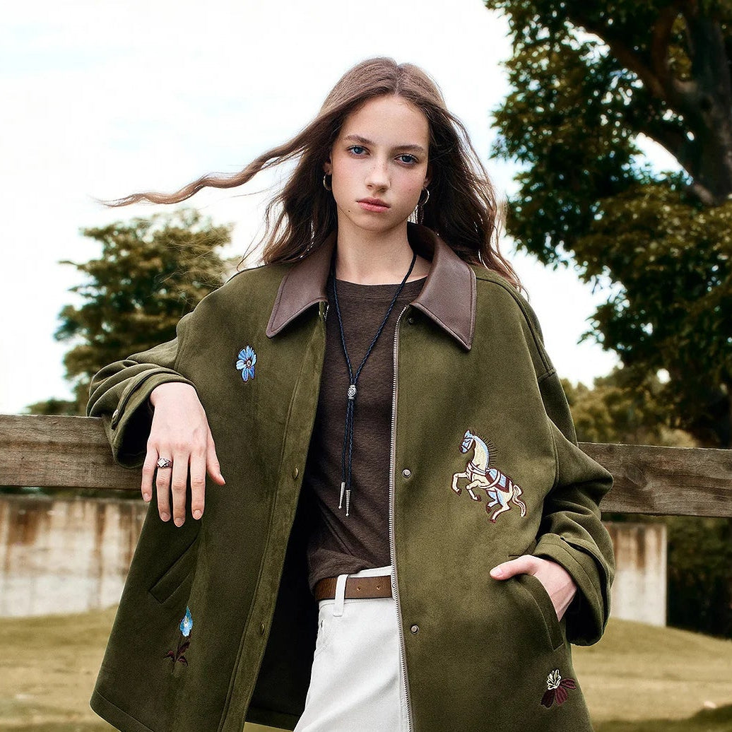 La Veste Longue en Daim & Velours Brodé