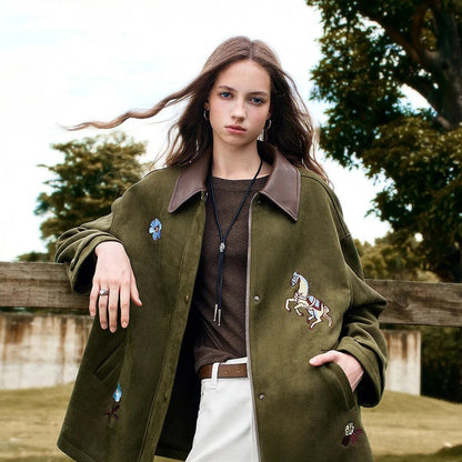 La Veste Longue en Daim & Velours Brodé