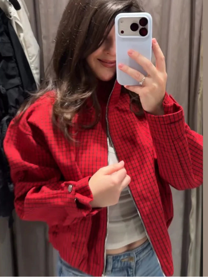 Veste Courte à Carreaux Zippée