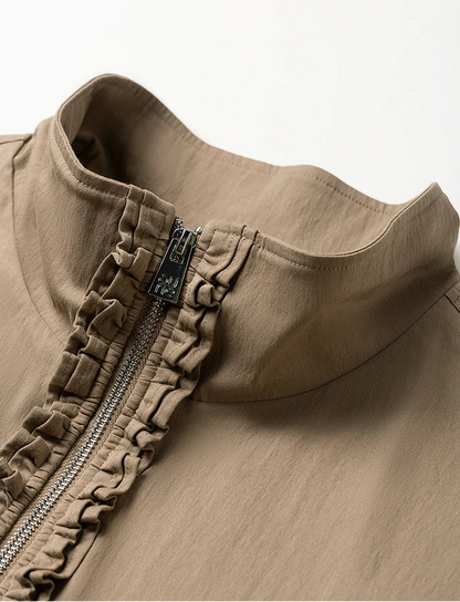 La Veste Workwear Vintage Chic à Col Montant & Volants