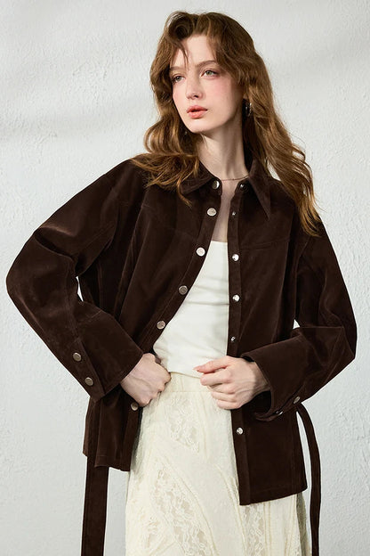 La Veste Rétro Safari Ceinturée en Daim Café Foncé
