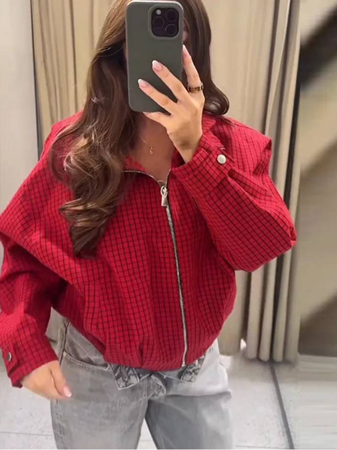 Veste Courte à Carreaux Zippée