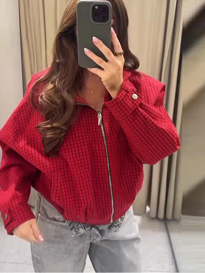 Veste Courte à Carreaux Zippée