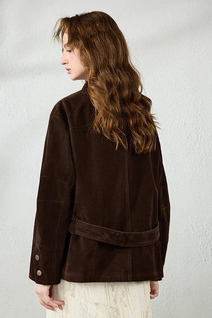 La Veste Rétro Safari Ceinturée en Daim Café Foncé