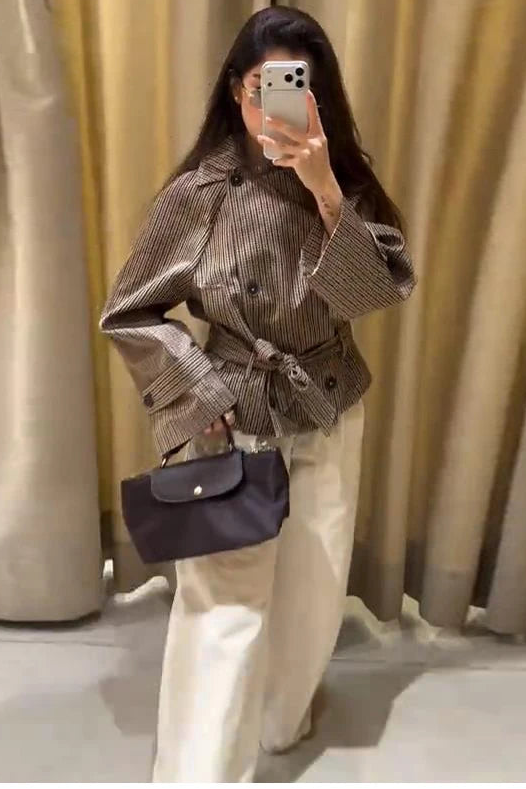 Veste Courte à Carreaux et Ceinture